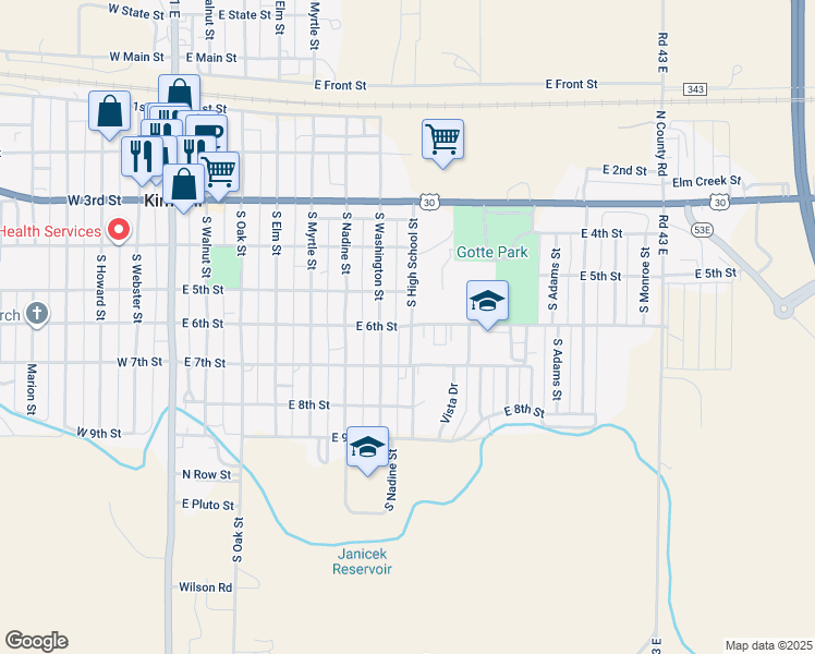map of restaurants, bars, coffee shops, grocery stores, and more near E 6th St in Kimball