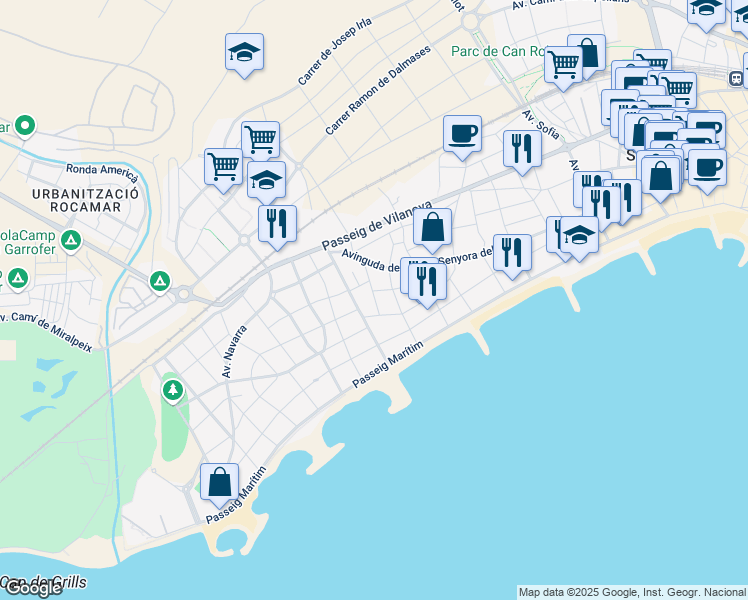 map of restaurants, bars, coffee shops, grocery stores, and more near 5 Carrer del Pintor Sisquella in Sitges