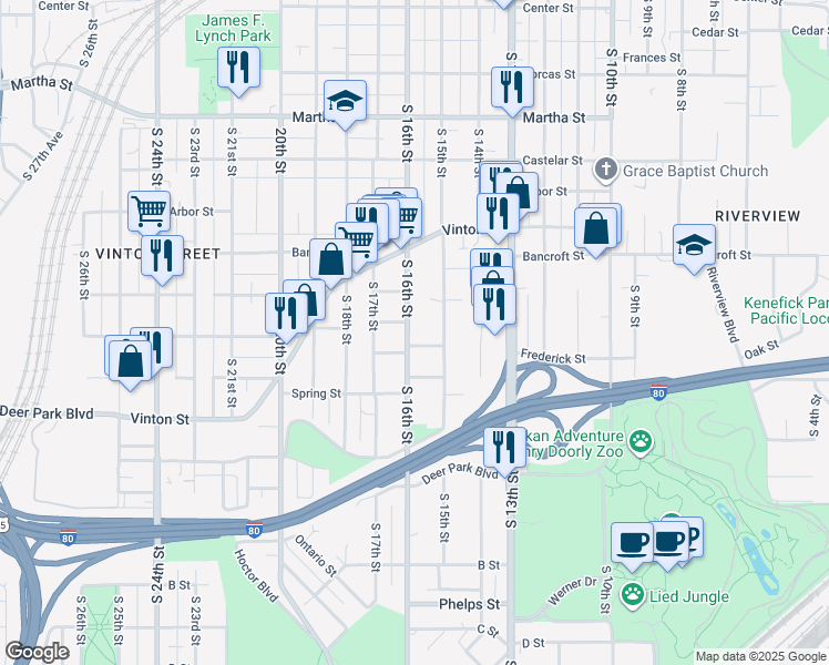 map of restaurants, bars, coffee shops, grocery stores, and more near 3009 South 16th Street in Omaha