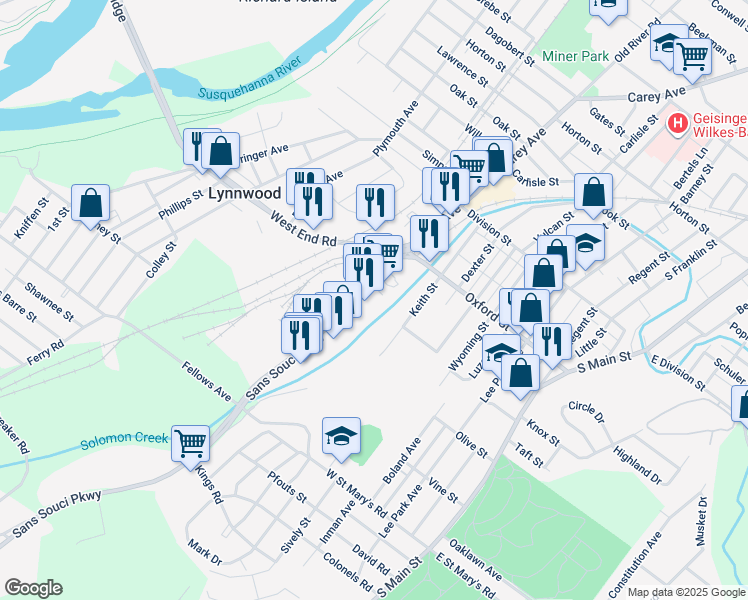 map of restaurants, bars, coffee shops, grocery stores, and more near 746 Sans Souci Parkway in Wilkes-Barre