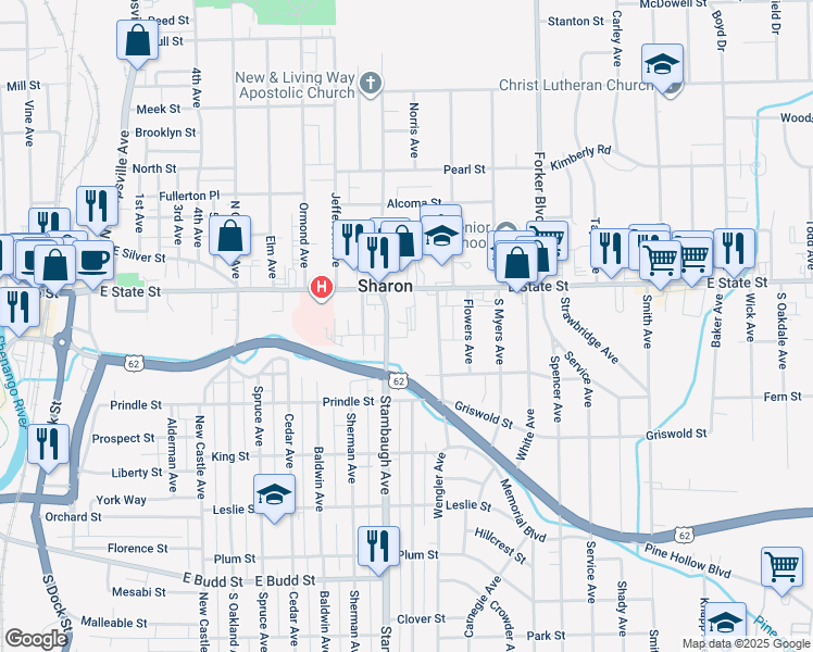 map of restaurants, bars, coffee shops, grocery stores, and more near 99 Stambaugh Avenue in Sharon