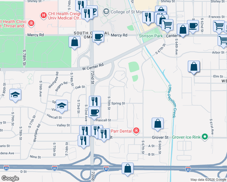 map of restaurants, bars, coffee shops, grocery stores, and more near 3001 South 70th Street in Omaha