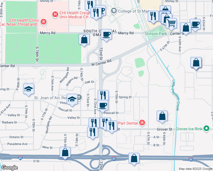 map of restaurants, bars, coffee shops, grocery stores, and more near 7007 Oak Street in Omaha