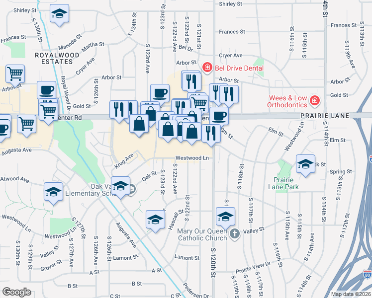 map of restaurants, bars, coffee shops, grocery stores, and more near 12165 West Center Road in Omaha