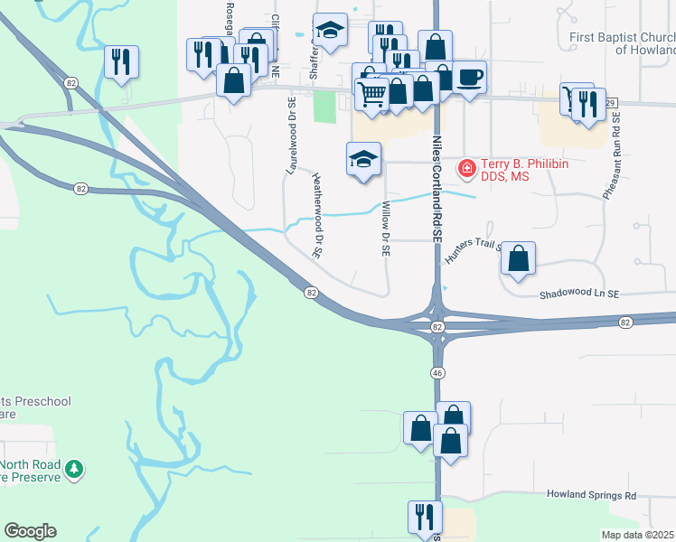 map of restaurants, bars, coffee shops, grocery stores, and more near 659 Laurelwood Drive Southeast in Warren