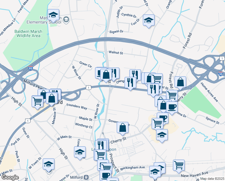 map of restaurants, bars, coffee shops, grocery stores, and more near 3 Orange Avenue in Milford