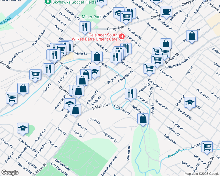 map of restaurants, bars, coffee shops, grocery stores, and more near Gregory Street in Bear Creek Village