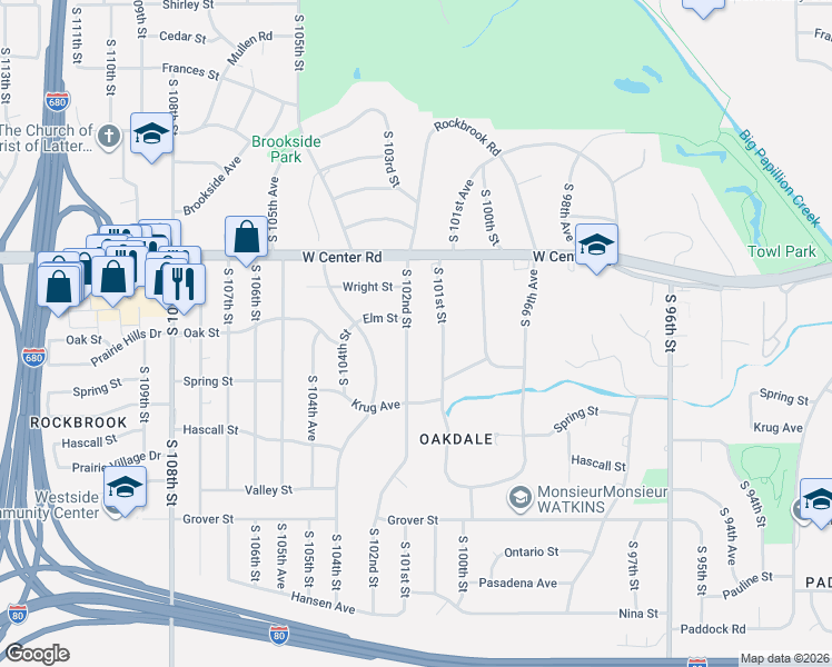 map of restaurants, bars, coffee shops, grocery stores, and more near 2913 South 102nd Street in Omaha