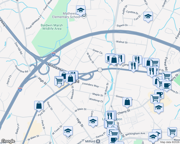 map of restaurants, bars, coffee shops, grocery stores, and more near 670 Boston Post Rd in Milford