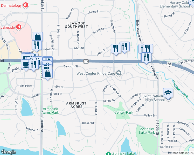 map of restaurants, bars, coffee shops, grocery stores, and more near 16209 Wright Circle in Omaha
