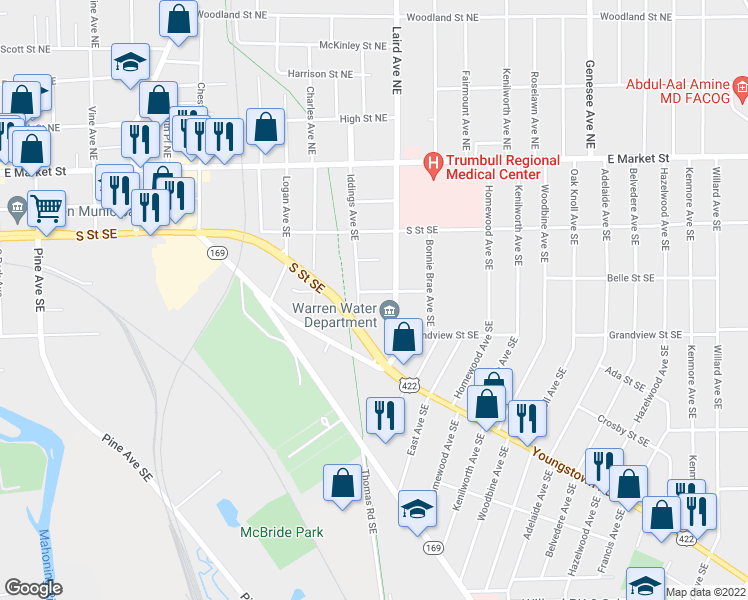 map of restaurants, bars, coffee shops, grocery stores, and more near 1234 Belle Street Southeast in Warren