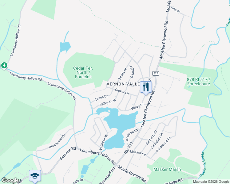 map of restaurants, bars, coffee shops, grocery stores, and more near 13 Clover Lane in Vernon Township