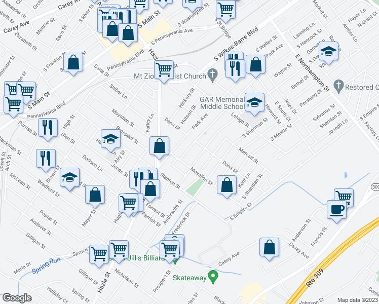 map of restaurants, bars, coffee shops, grocery stores, and more near 448 South Hancock Street in Wilkes-Barre