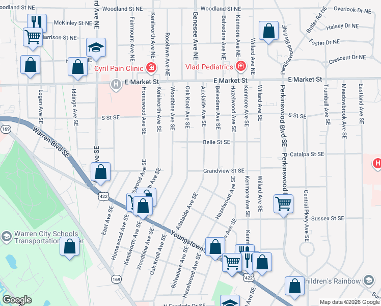 map of restaurants, bars, coffee shops, grocery stores, and more near 547 Oak Knoll Avenue Southeast in Warren