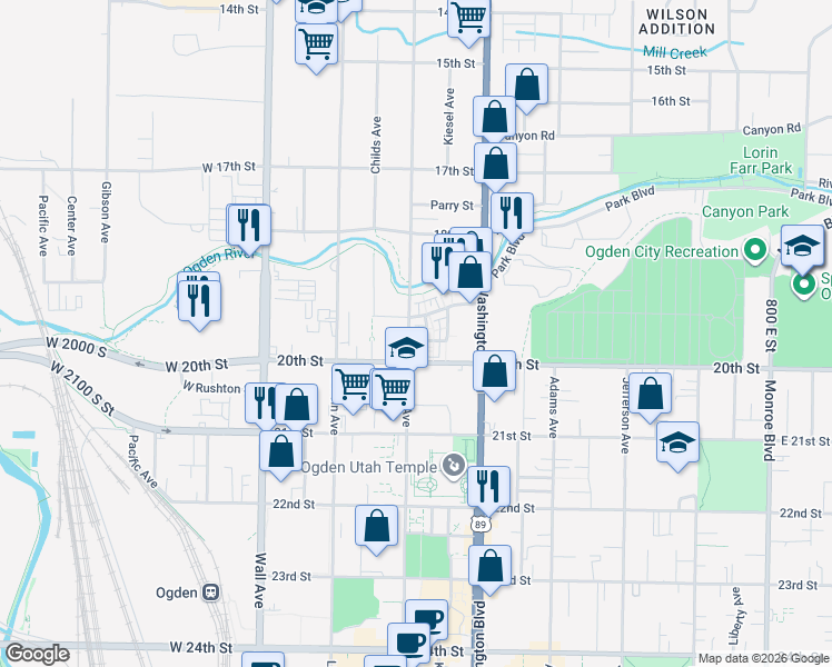 map of restaurants, bars, coffee shops, grocery stores, and more near 1951 Grant Avenue in Ogden