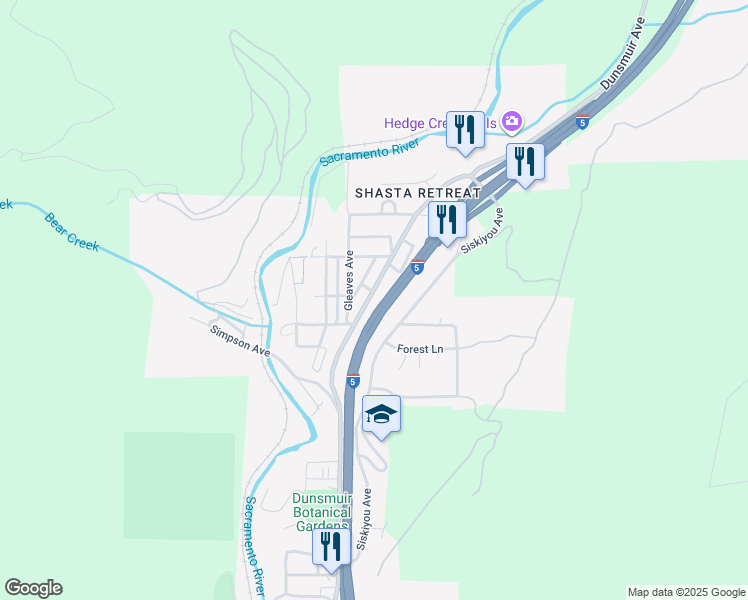 map of restaurants, bars, coffee shops, grocery stores, and more near Cascade Wonderland Hwy in Dunsmuir
