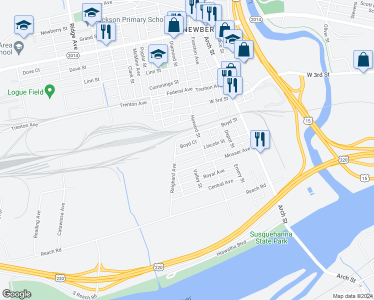 map of restaurants, bars, coffee shops, grocery stores, and more near 2200-2298 Lincoln St in Williamsport