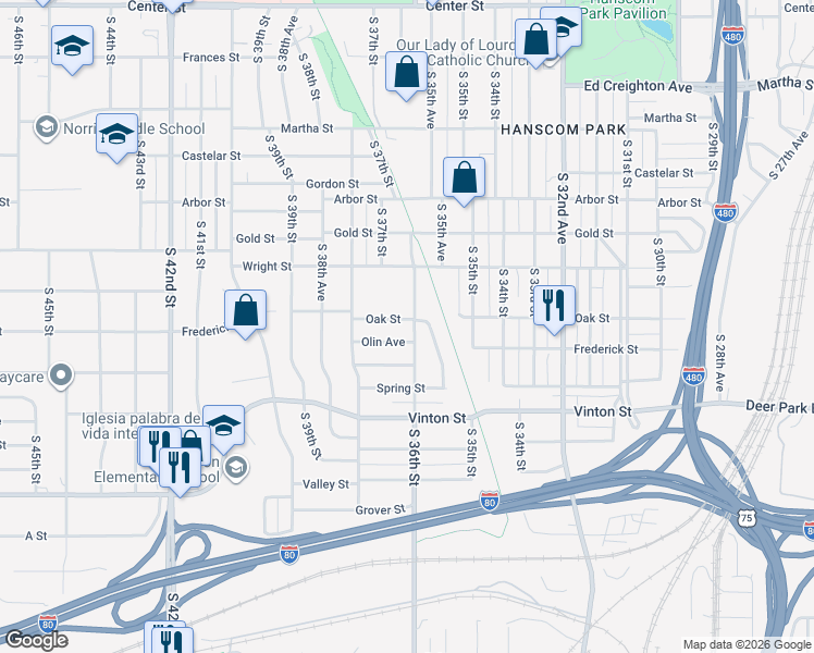 map of restaurants, bars, coffee shops, grocery stores, and more near 3615 Oak Street in Omaha