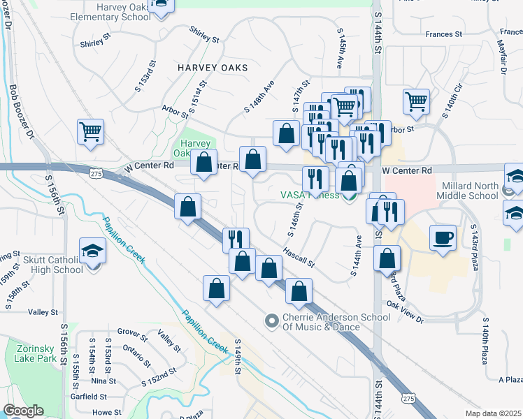 map of restaurants, bars, coffee shops, grocery stores, and more near 14725 Elm Street in Omaha