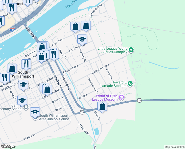 map of restaurants, bars, coffee shops, grocery stores, and more near 368 East Mountain Avenue in South Williamsport