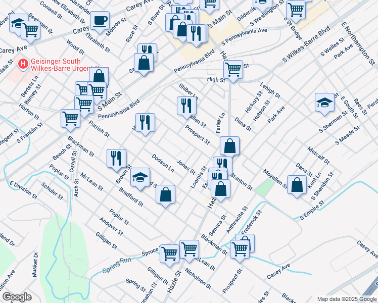 map of restaurants, bars, coffee shops, grocery stores, and more near 11 Airy Street in Wilkes-Barre