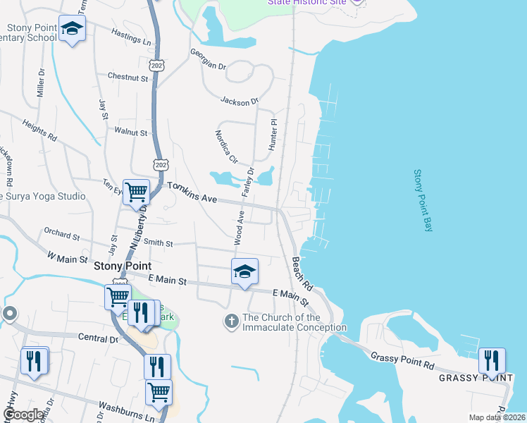 map of restaurants, bars, coffee shops, grocery stores, and more near 22 Tomkins Avenue in Stony Point