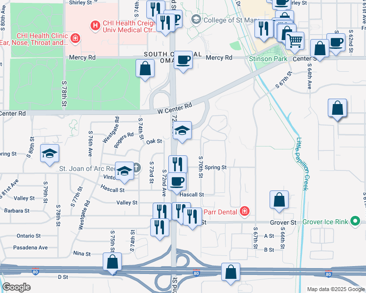 map of restaurants, bars, coffee shops, grocery stores, and more near 7001 Oak Street in Omaha