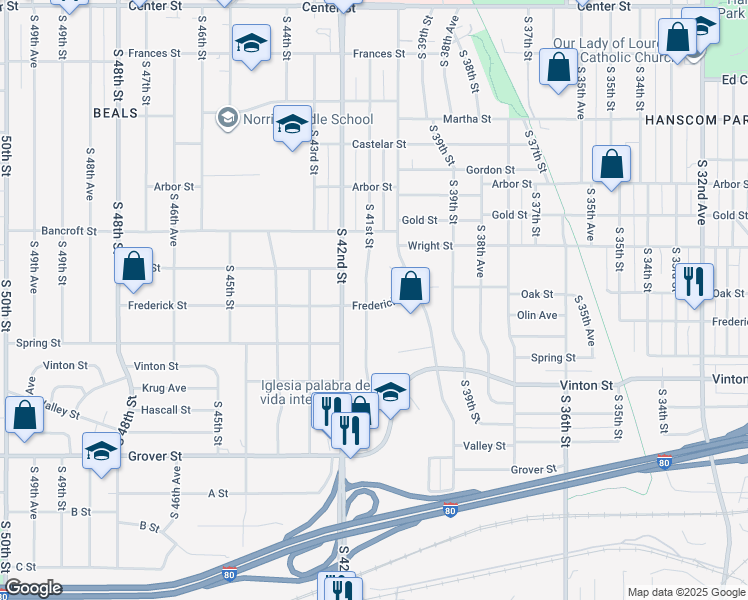 map of restaurants, bars, coffee shops, grocery stores, and more near 4052 Frederick Street in Omaha