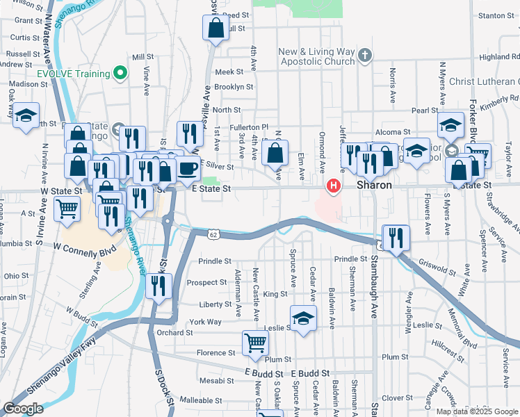 map of restaurants, bars, coffee shops, grocery stores, and more near 64 Buhl Court in Sharon