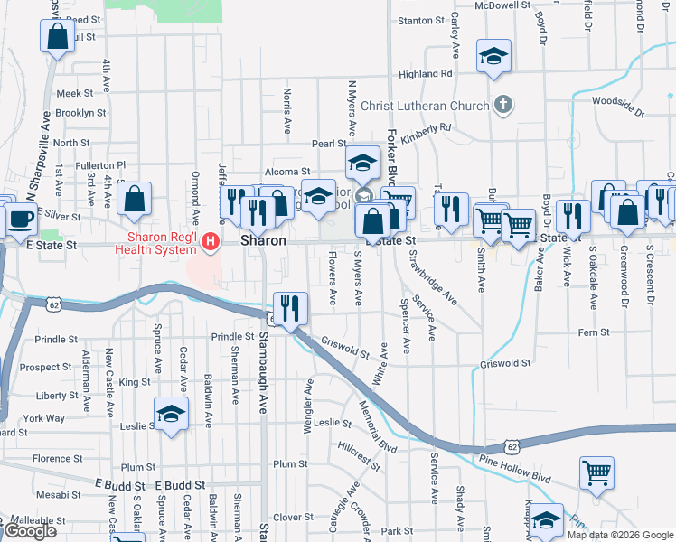 map of restaurants, bars, coffee shops, grocery stores, and more near 69 Flowers Avenue in Sharon