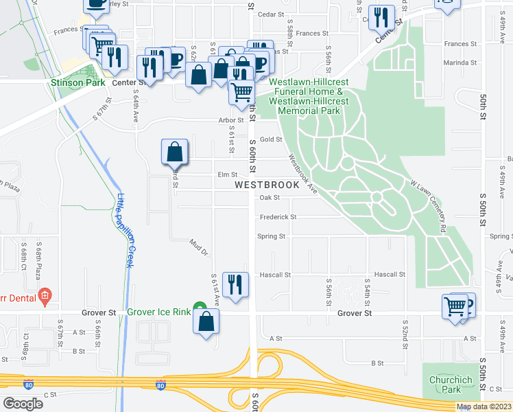 map of restaurants, bars, coffee shops, grocery stores, and more near 3011 South 60th Street in Omaha
