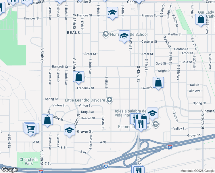 map of restaurants, bars, coffee shops, grocery stores, and more near 4452 Frederick Street in Omaha