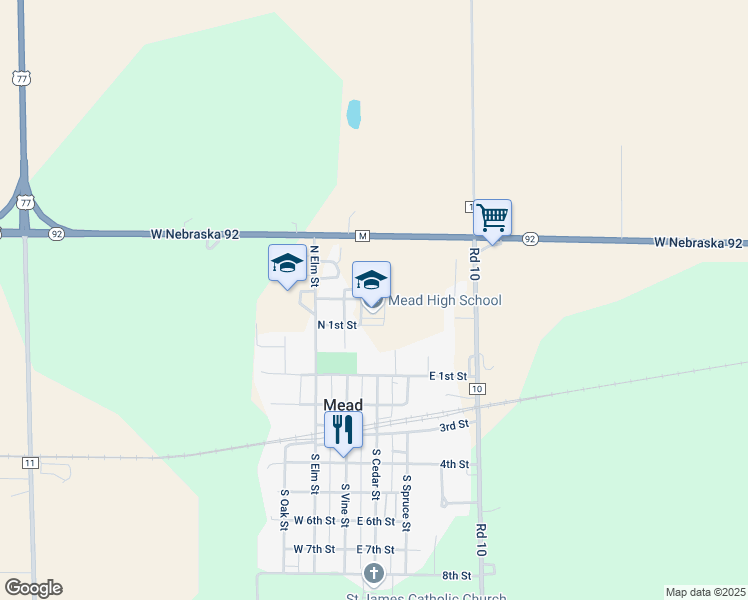 map of restaurants, bars, coffee shops, grocery stores, and more near 114 North Vine Street in Mead