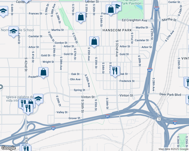 map of restaurants, bars, coffee shops, grocery stores, and more near 3006 South 35th Street in Omaha