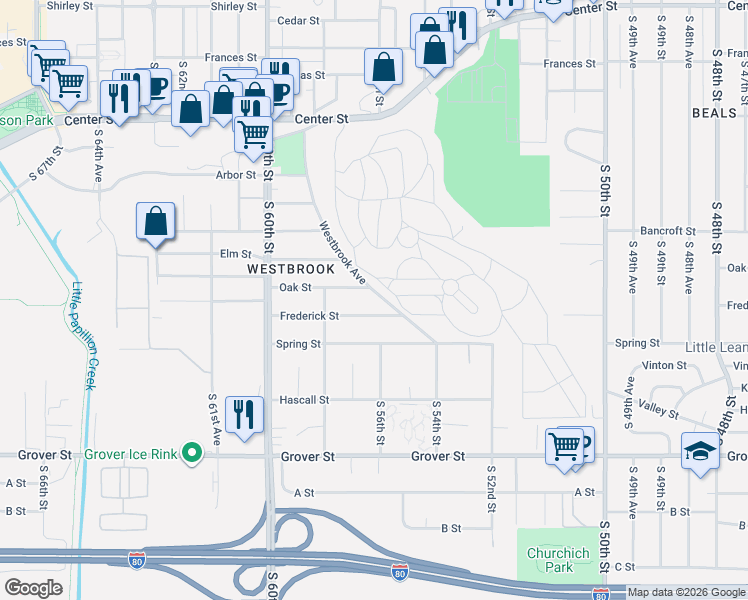 map of restaurants, bars, coffee shops, grocery stores, and more near 3022 Westbrook Avenue in Omaha