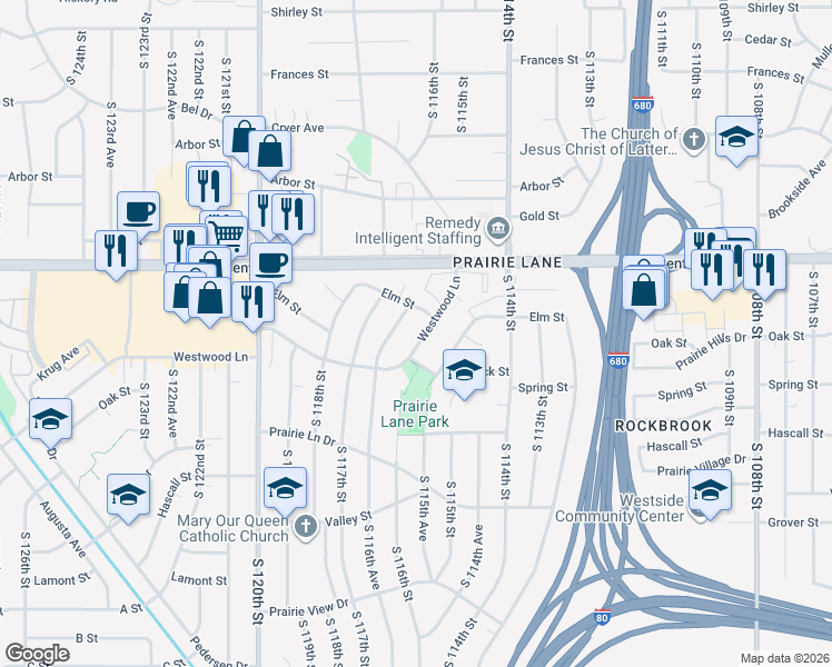 map of restaurants, bars, coffee shops, grocery stores, and more near 11618 Westwood Lane in Omaha