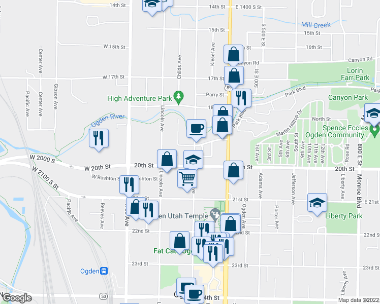 map of restaurants, bars, coffee shops, grocery stores, and more near 1951 Grant Avenue in Ogden