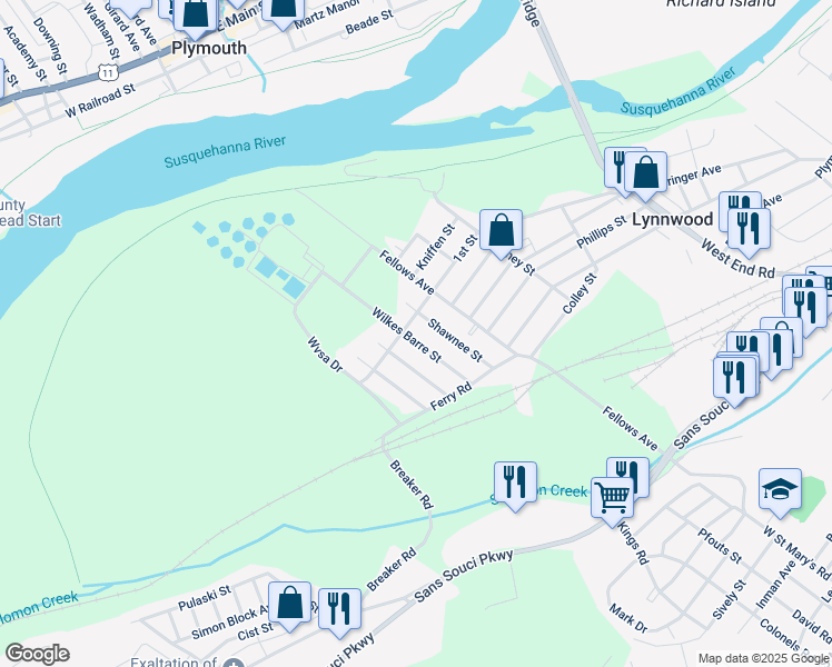 map of restaurants, bars, coffee shops, grocery stores, and more near 606 Shawnee Street in Wilkes-Barre