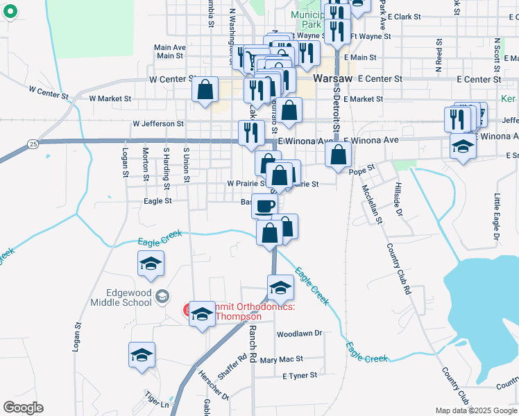 map of restaurants, bars, coffee shops, grocery stores, and more near 630 Bass Street in Warsaw