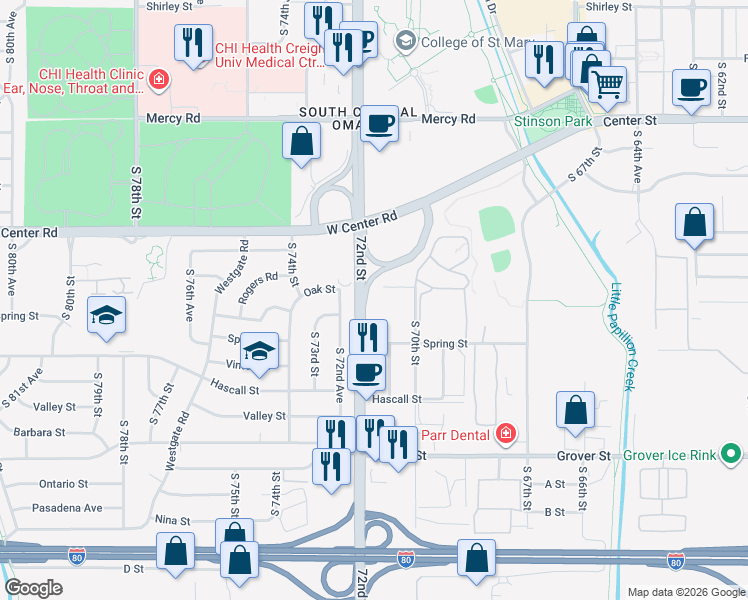 map of restaurants, bars, coffee shops, grocery stores, and more near 7007 Oak Street in Omaha