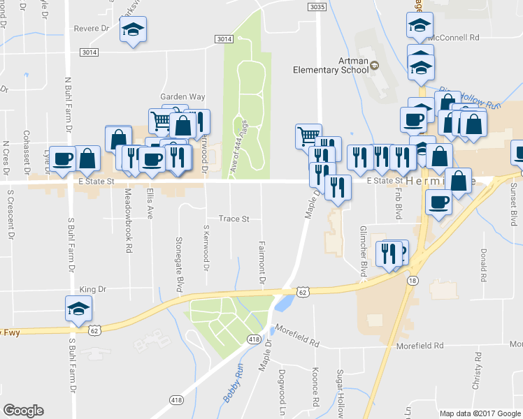 map of restaurants, bars, coffee shops, grocery stores, and more near 85 Fairmont Drive in Hermitage