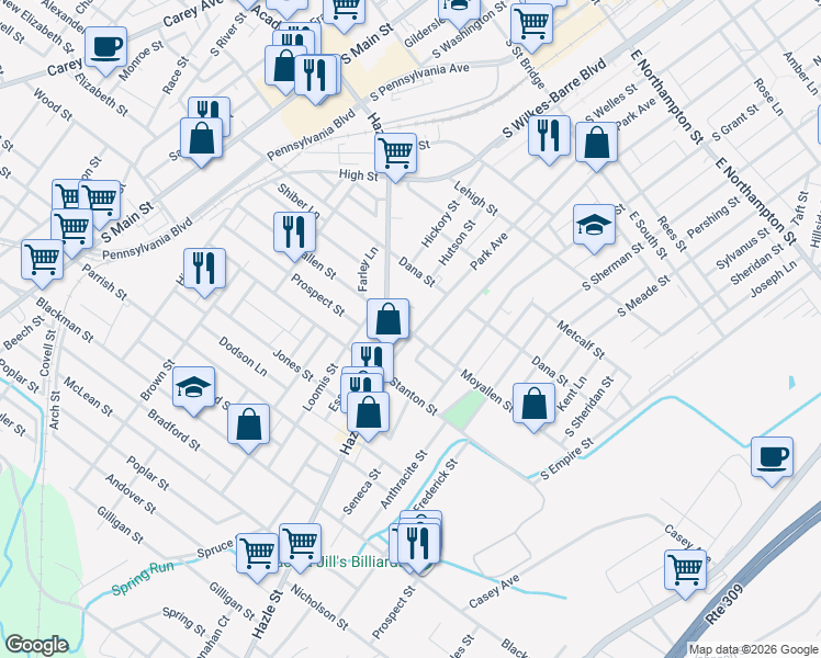 map of restaurants, bars, coffee shops, grocery stores, and more near 366-370 Park Avenue in Wilkes-Barre