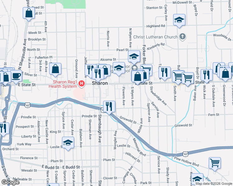 map of restaurants, bars, coffee shops, grocery stores, and more near 66 Wengler Avenue in Sharon