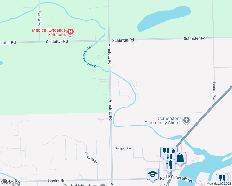 map of restaurants, bars, coffee shops, grocery stores, and more near 10019 Wilderness Creek Drive in Leo-Cedarville