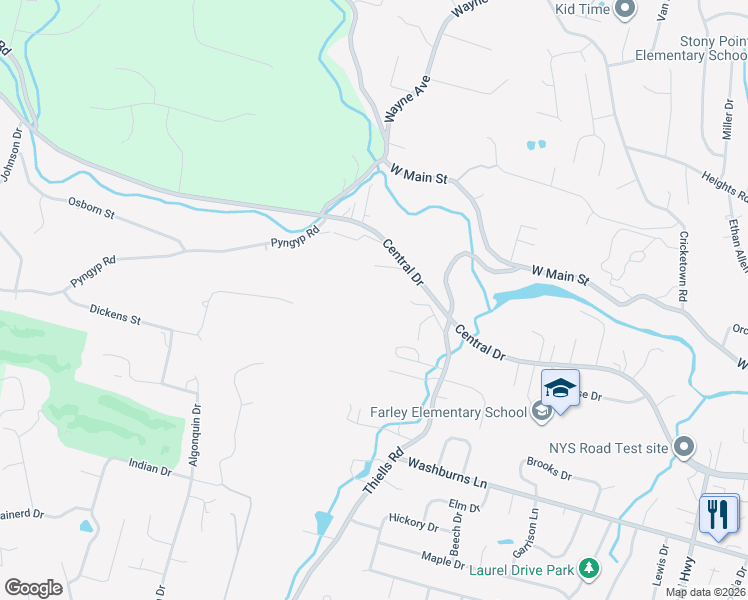 map of restaurants, bars, coffee shops, grocery stores, and more near 129 Thiells Road in Stony Point