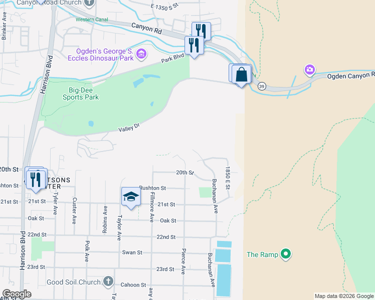 map of restaurants, bars, coffee shops, grocery stores, and more near 1680 Dunsinane Circle in Ogden