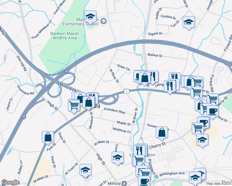 map of restaurants, bars, coffee shops, grocery stores, and more near 684 Boston Post Road in Milford