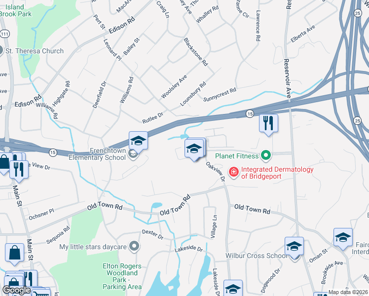 map of restaurants, bars, coffee shops, grocery stores, and more near 101-199 Oakview Dr in Trumbull