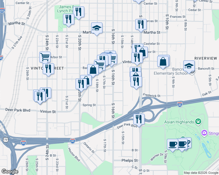 map of restaurants, bars, coffee shops, grocery stores, and more near 1621 Oak Street in Omaha