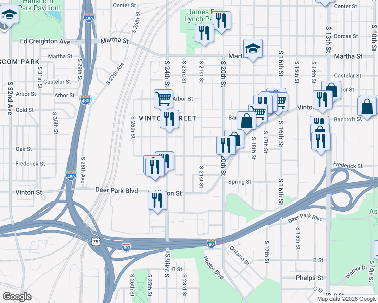 map of restaurants, bars, coffee shops, grocery stores, and more near 2932 South 21st Street in Omaha